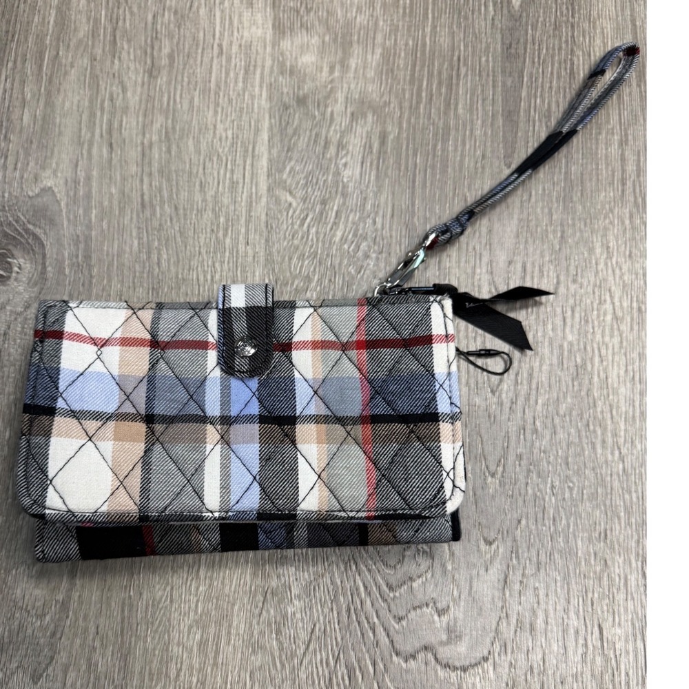 Vera Bradley Wallet Plaid Quilted Wristlet Grey Blue